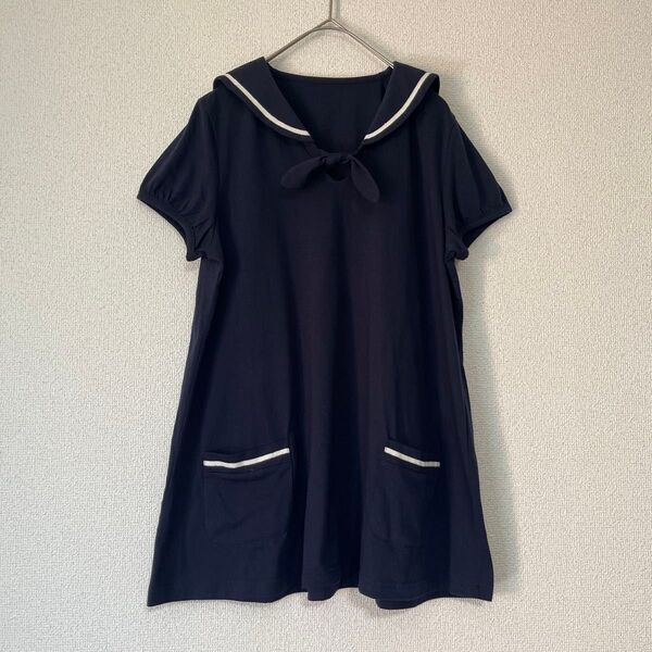 セーラーカラー チュニック ロングTシャツ ネイビー