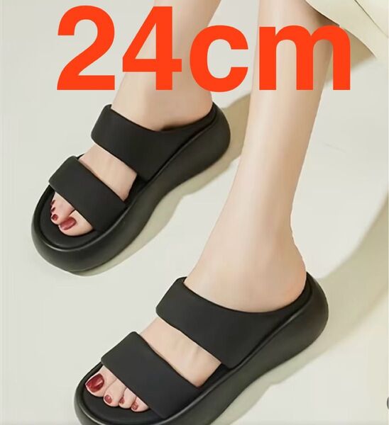 黒スポーツサンダル 夏 EVA厚底4cm防臭 滑り止め24cm フラットスポサン ブラック シンプル 室内履き