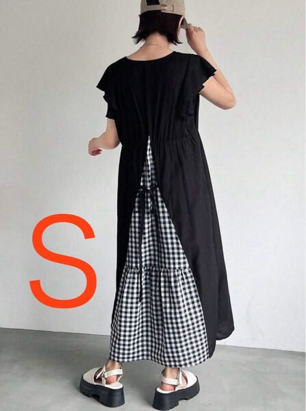 ロングワンピースSチェック マキシ丈 ノースリーブ 春夏秋 マタニティ体型カバー