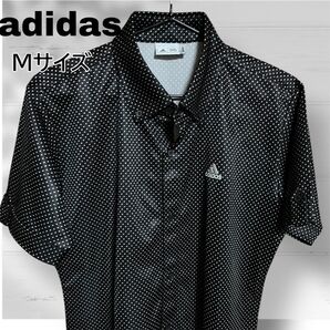 adidas アディダスゴルフ 半袖シャツ ダブルボタン 刺繍ロゴ ドット柄 Mサイズ ブラック メンズ