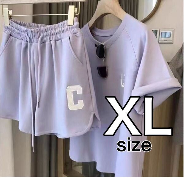 部屋着 グレー XL ルームウェア 半袖 セットアップ Tシャツ パジャマ ショートパンツ パープル