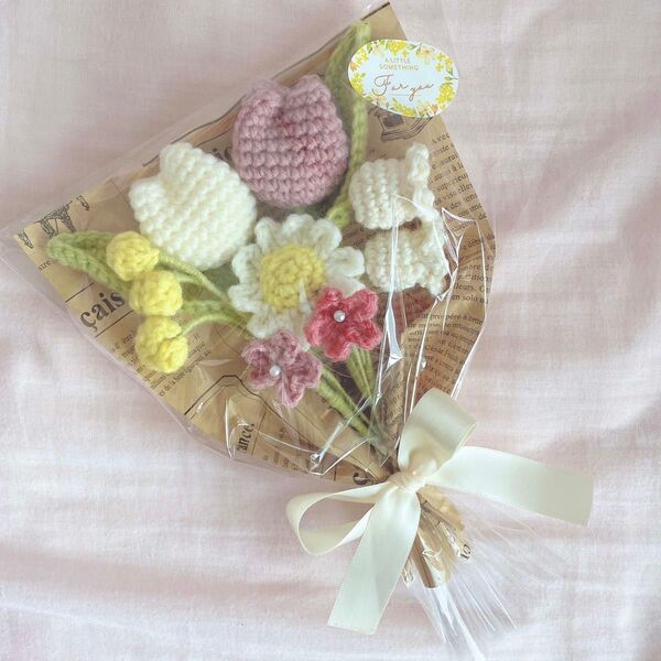 枯れないお花 編み物 毛糸の花束 ハンドメイド ブーケ ニットフラワー