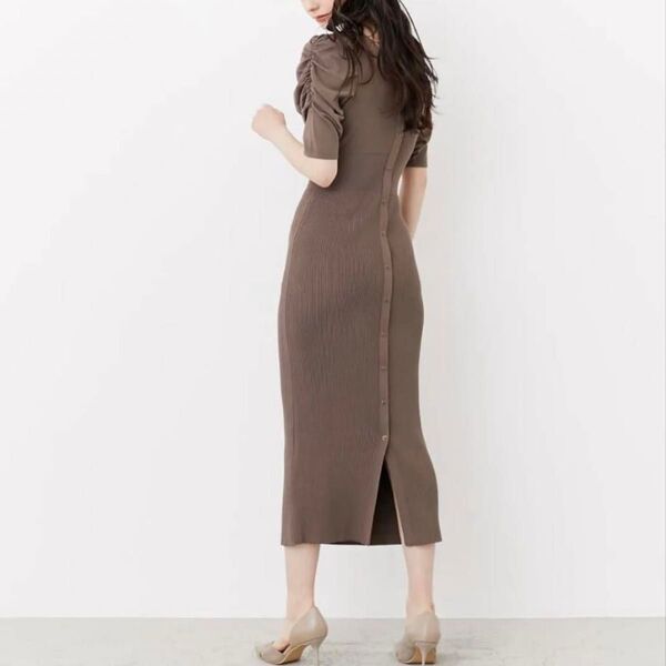 【美品】rienda 2WAYショルダーギャザータイトニットワンピース ブラウン