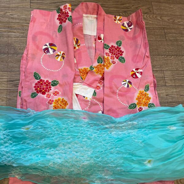 女の子 浴衣 兵児帯セット ピンク 紫陽花柄 130くらい
