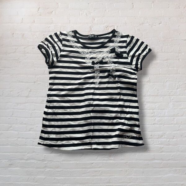 ポンポネットジュニア 半袖 Tシャツ ボーダー フリル 白黒 リボン 女の子【150】pom ponette junior