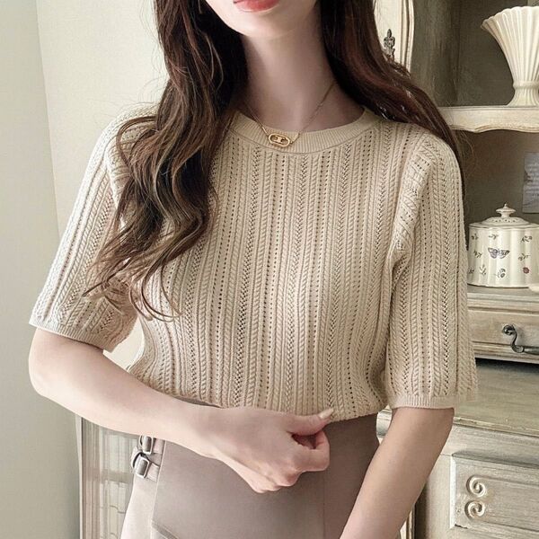 Meiru メイル 透かし編み 半袖 ニット 綿 ベージュ美品 大人可愛い トップス【M】