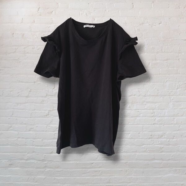 ZARA ザラ 半袖 Tシャツ カットソー 無地 フリル袖 ブラック 黒 美品 ストレッチ【L】 半袖カットソー 綿
