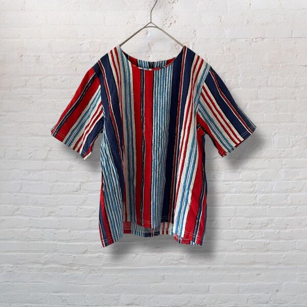 UVU knit wear market ストライプ 個性的 半袖 シャツ トップス ブラウス プルオーバー【FREE】美品