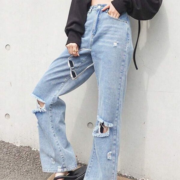 デニム パンツ ダメージ ブルー ジーンズ ゆったり おしゃれ カジュアル 韓国 ファッション レディース ハイウエスト