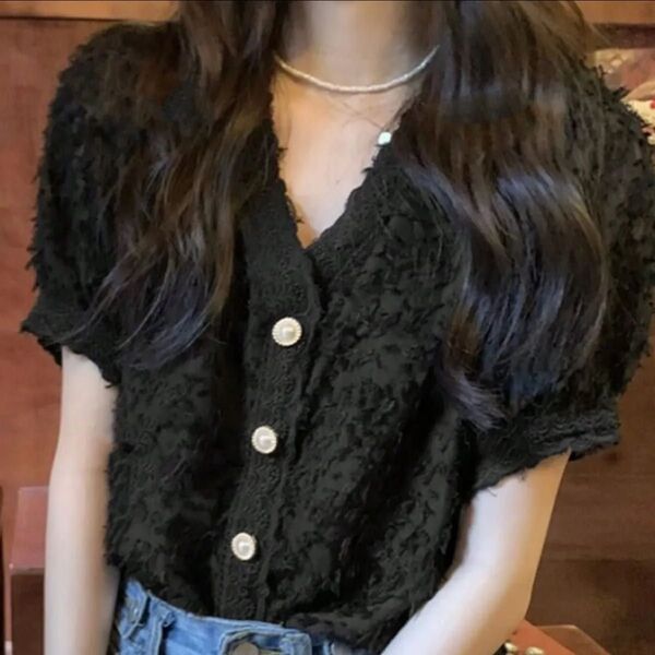 トップス ブラック ブラウス シャツ vネック 半袖 レディース レース 黒 シンプル パール ボタン Tシャツ