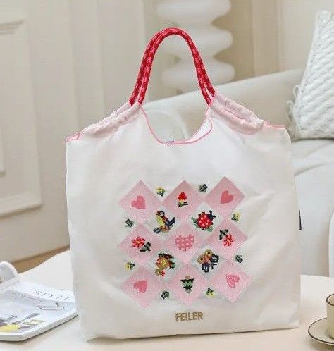 刺繍 ナイロンバッグ トートバッグ エコバッグ ホワイト