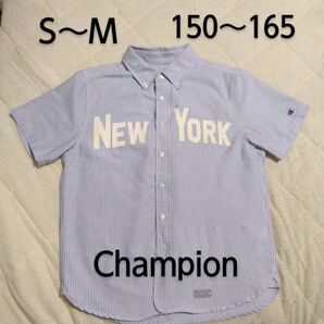 Champion NEW YORK 半袖 オックスフォード シャツ S M 150 160 165 ストライプ 青 白 メンズ