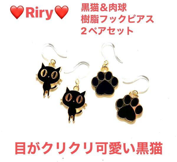 人気 黒猫&肉球 樹脂フックピアス2ペアセット 猫 猫ピアス