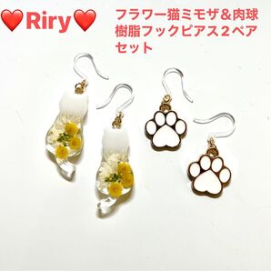 フラワー猫ミモザ&肉球 樹脂フックピアス2ペアセット 猫 レジン ねこピアス