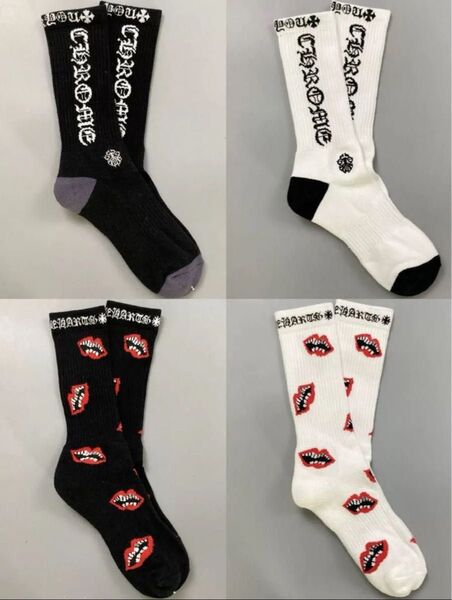 【新品】Chrome Hearts クロムハーツ ソックス 靴下【サンスクリット語柄&赤唇柄】white+black 4足