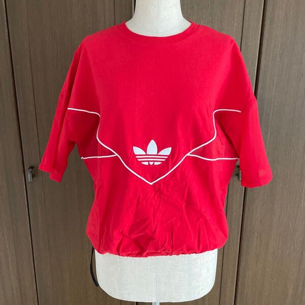 adidas Tシャツ 半袖 裾絞り 赤 トレフォイルロゴ リメイクTシャツ