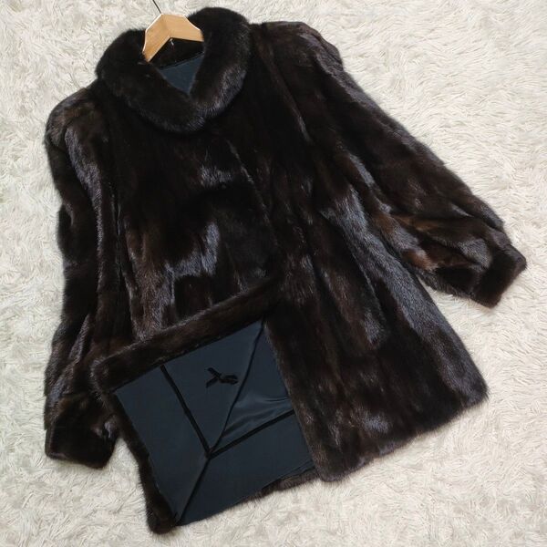 MINK FUR CORT ミンク コート 毛皮 リアルファーコート セミロング 黒 ブラック レディース