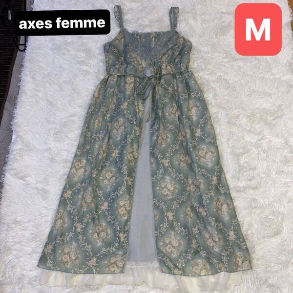 axes femme(アクシーズファム)キャミワンピ Mサイズ グリーン系 ロング丈 花柄 フリルレース
