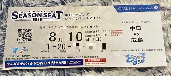 中日対広島 8月10日(日) 内野B 1塁側 大人1枚 定価以下 昇竜デー