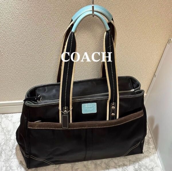 COACH トートバッグ ブラック ナイロン レザー
