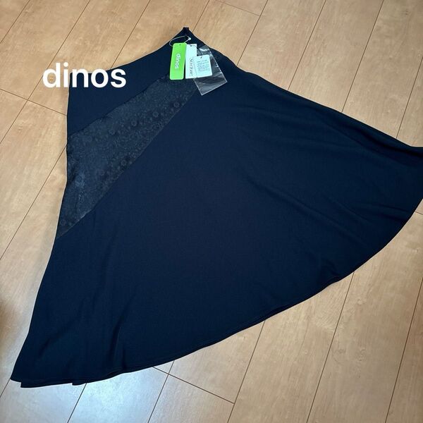 新品未使用 SOCLOSE dinosディノス ロングスカート フレアスカート 黒 レース花柄 タグ付