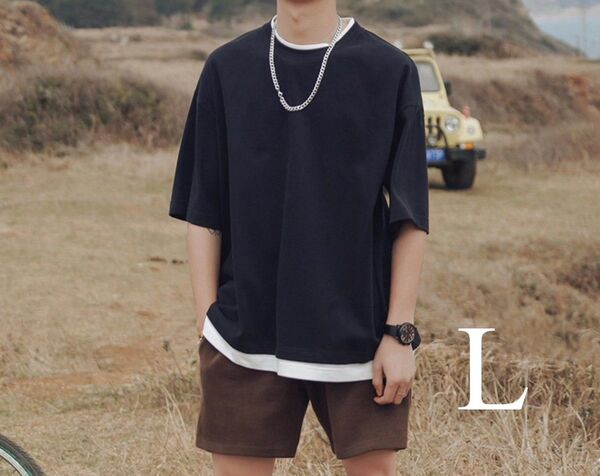 重ね着風Tシャツ ブラック L 半袖 シンプル メンズ トレンド 韓国 無地