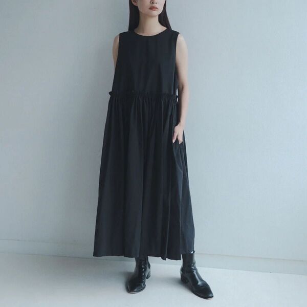 foufou THE DRESS #46 ナイロンフリルドレス ノースリーブ ブラック ワンピース