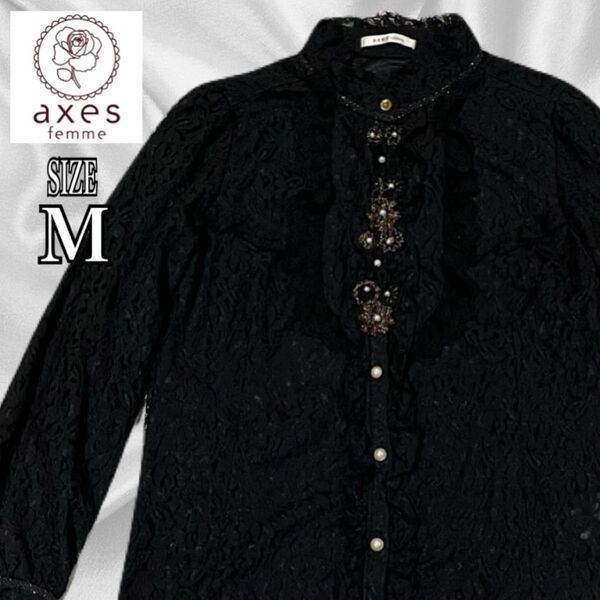 axes femme 黒 総レース ブラウス トップス 黒/ゴールド Mサイズ