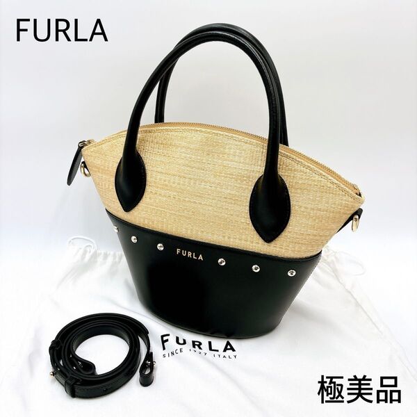 極美品 * FURLA フルラ シェアミニ 2WAY ストロー ショルダーバッグ ハンドバッグ バケットバッグ ブラック ラフィア