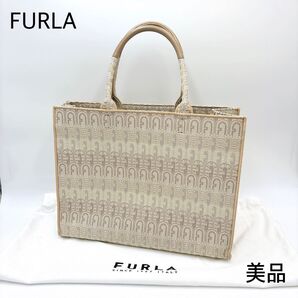 美品 * FURLA フルラ オポチュニティ ラージ ジャガード キャンバス トートバッグ ベージュ A4収納可
