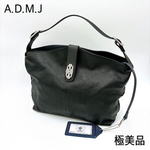 極美品* ADMJ アールデコ スワロフスキー レザー ワンショルダーバッグ ハンドバッグ ブラック エーディーエムジェー 本革