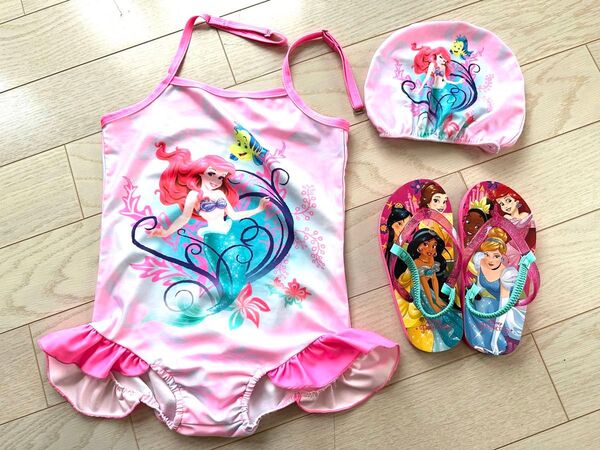 アリエル 女の子 子供 ピンク スイムウェア 水着 ワンピース 110 120 サンダル 水泳帽