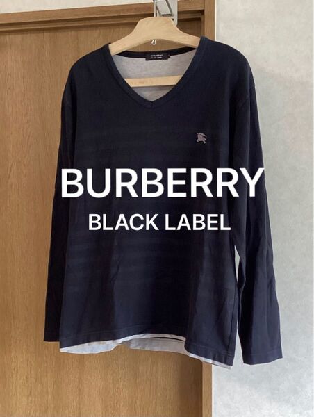 BURBERRY BLACK LABEL バーバリーブラックレーベル ボーダー柄 Vネック長袖 ブラック