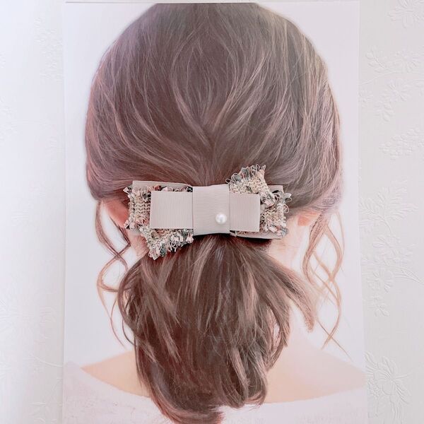 【パール付ツイードリボンバレッタ】ヘアアクセ ハンドメイド 結婚式 お呼ばれ ヘアアクセサリー