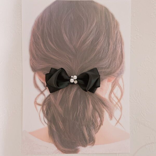 【ビジュー付サテンリボンバレッタ】ヘアアクセ ハンドメイド 結婚式 パール