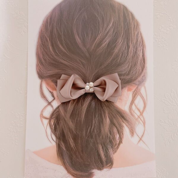 【ビジュー付サテンリボンバレッタ】ヘアアクセ ハンドメイド 結婚式 お呼ばれ