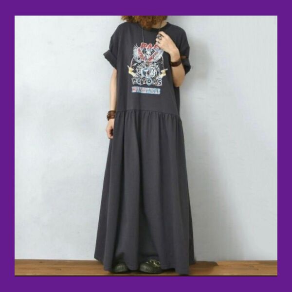 Tシャツワンピ フレア カジュアル 半袖 韓国 ロング丈 ロゴ アメカジ グレー