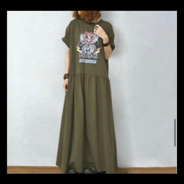 Tシャツワンピ フレア カジュアル 半袖 韓国 ロング丈 ロゴ アメカジ カーキ F スカル