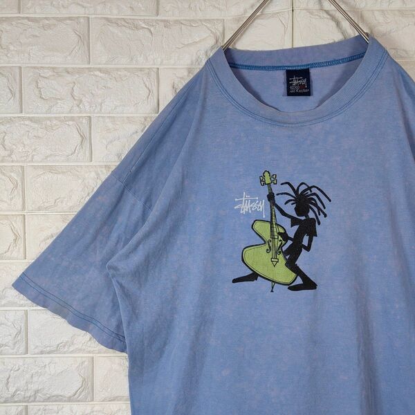 90s Old Stussy Tシャツ 紺タグ ビンテージ シャドーマン ジャズマン L ライトブルー