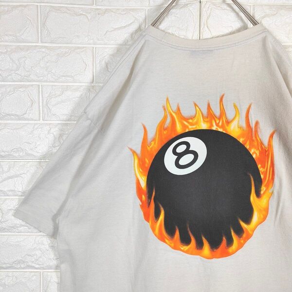 STUSSY Tシャツ 8ボール ファイヤーボール フレイム 黒タグ L ホワイト