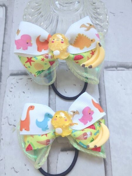 ハンドメイド キッズ ヘアゴム 恐竜柄 夏柄リボン