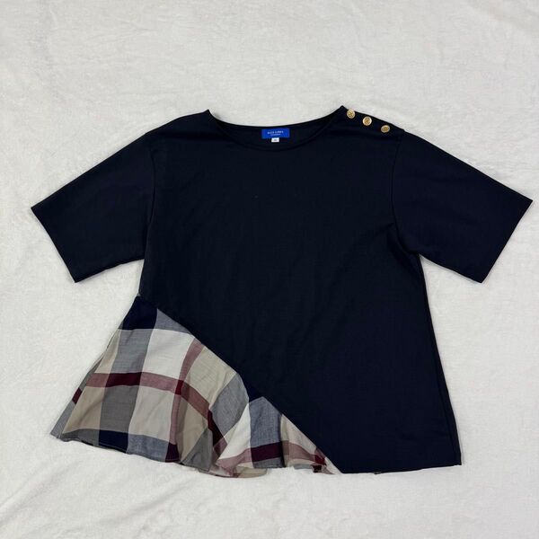 美品 ブルーレーベルクレストブリッジ ブラウス チェック 半袖 トップス Tシャツ ネイビー 38