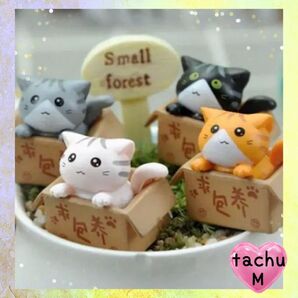 猫の置物 4体セット 段ボールに入った猫 縁起猫 幸運を運ぶ猫 ミニチュア 可愛い インテリア 保護猫活動 猫好きさん プレゼント