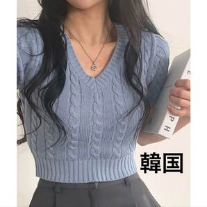 韓国 ライトブルー ケーブル編み Vネック クロップド 半袖ニット