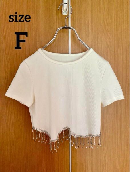 ビーズ装飾付き 白 ホワイトクロップド 半袖 Tシャツ ショート丈 キラキラ