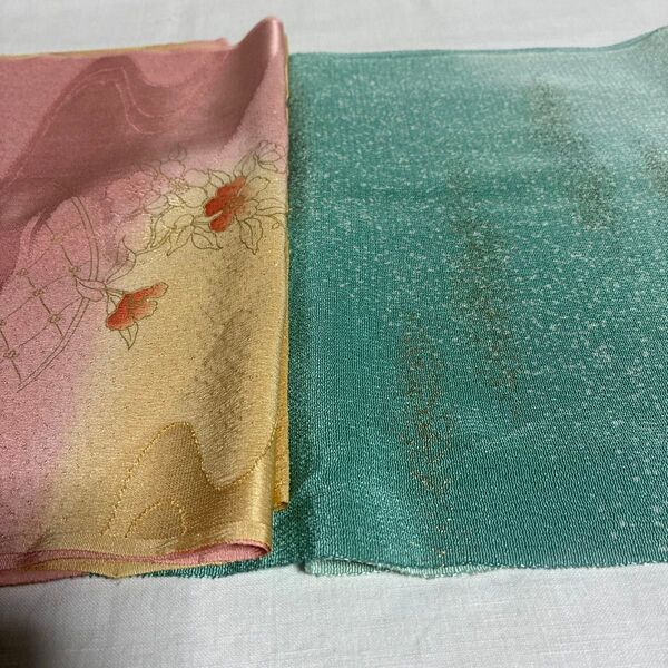 帯揚げ2枚 緑厚手中央は薄緑 ピンクぼかし中央黄土色