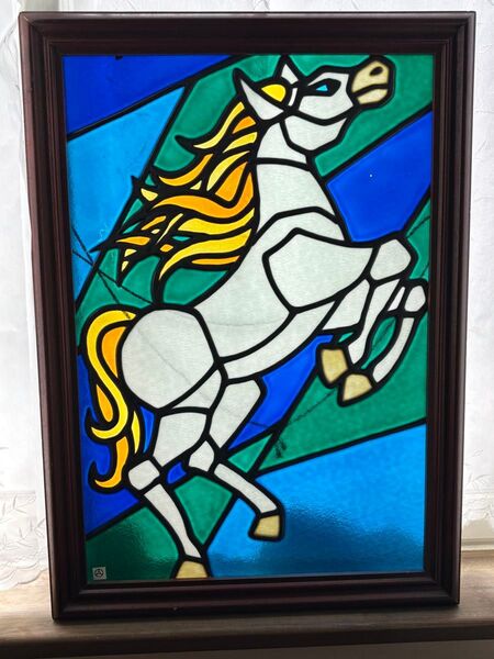 木製フレーム付き ステンドグラス 白馬 アンティーク風 飾り絵 ガラスアート 48cm×67cm 中古品 重厚感あり