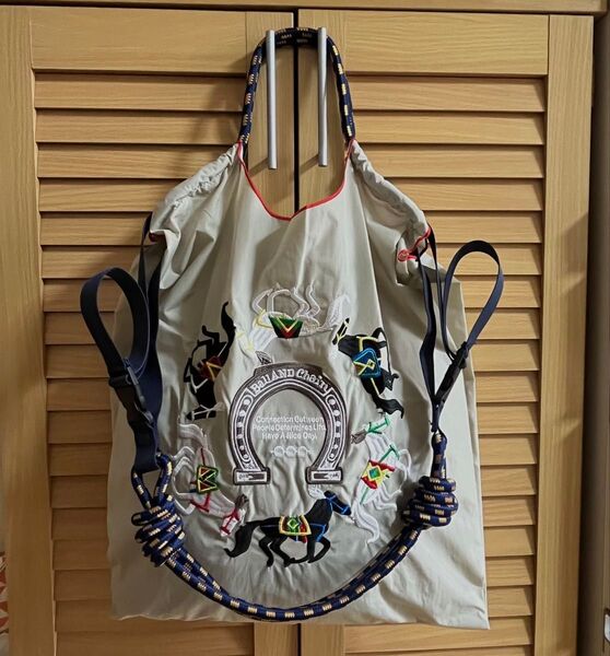 ネイビーストラップ付き 馬柄 馬蹄 刺繍 トートバッグ エコバッグ 肩掛けバッグ ライトグレー Msize