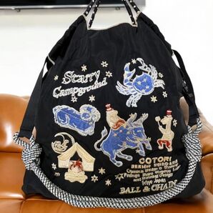 ストラップ付き 星座柄 夜空 刺繍バッグ エコバッグ ブラック Msize