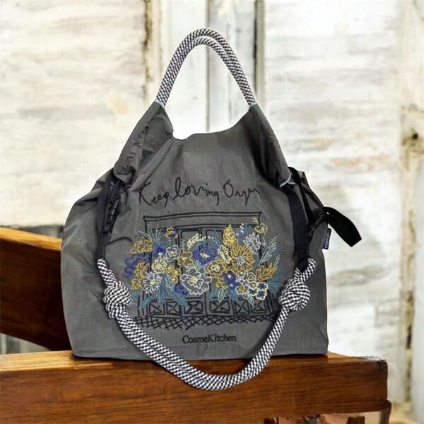 ショルダーベルト付 花柄 刺繍エコバッグ フラワー グレー Msize ストラップ付き